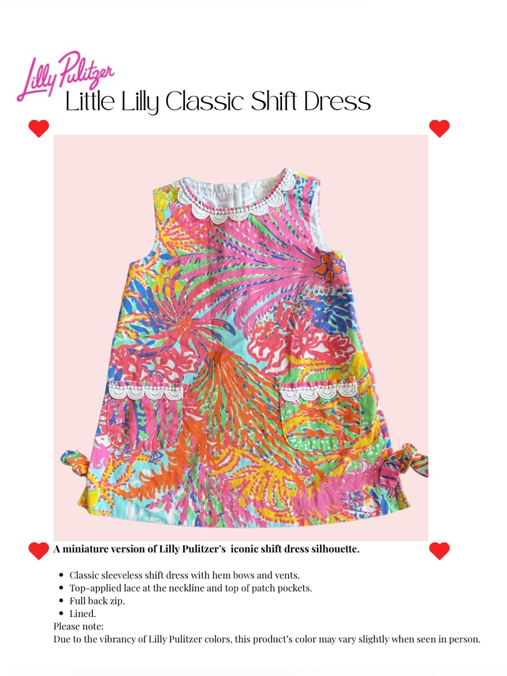 Lilly Pulitzer Girls Shift Dress Lace Trim Bows Pockets Size 2 -Tropical